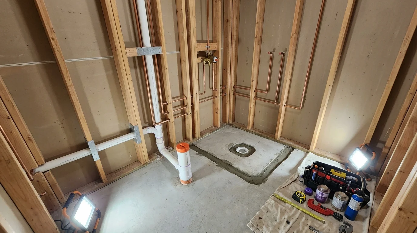 Bathroom rough-in plumbing during remodel by Johns Plumbing LLC in Little Falls