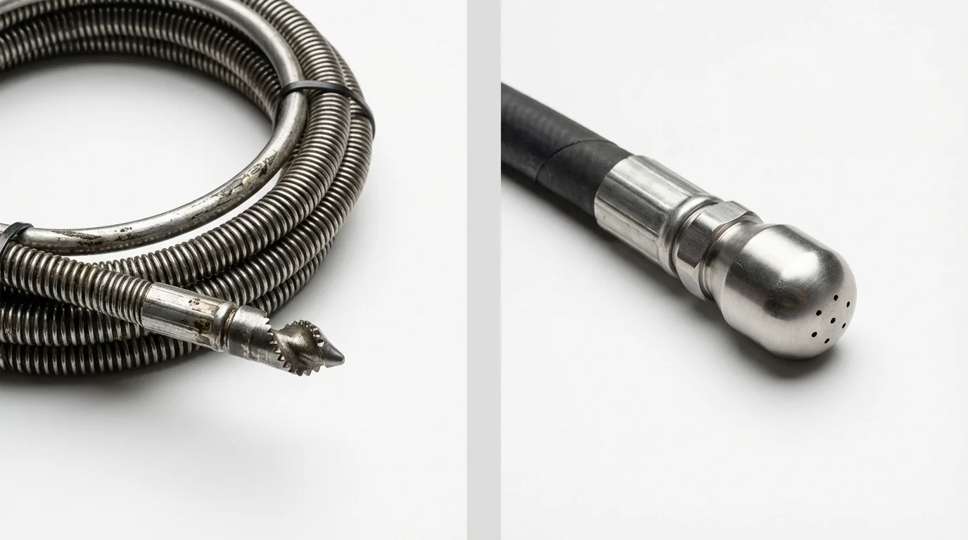 Drain snake cable and hydro jetting nozzle used for drain cleaning in Little Falls, NJ