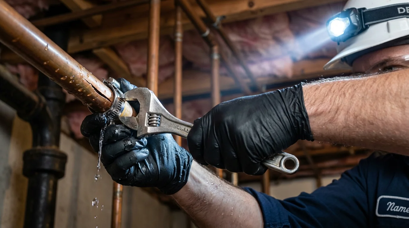 Emergency pipe clamp repair being performed by a Johns Plumbing LLC plumber in Little Falls