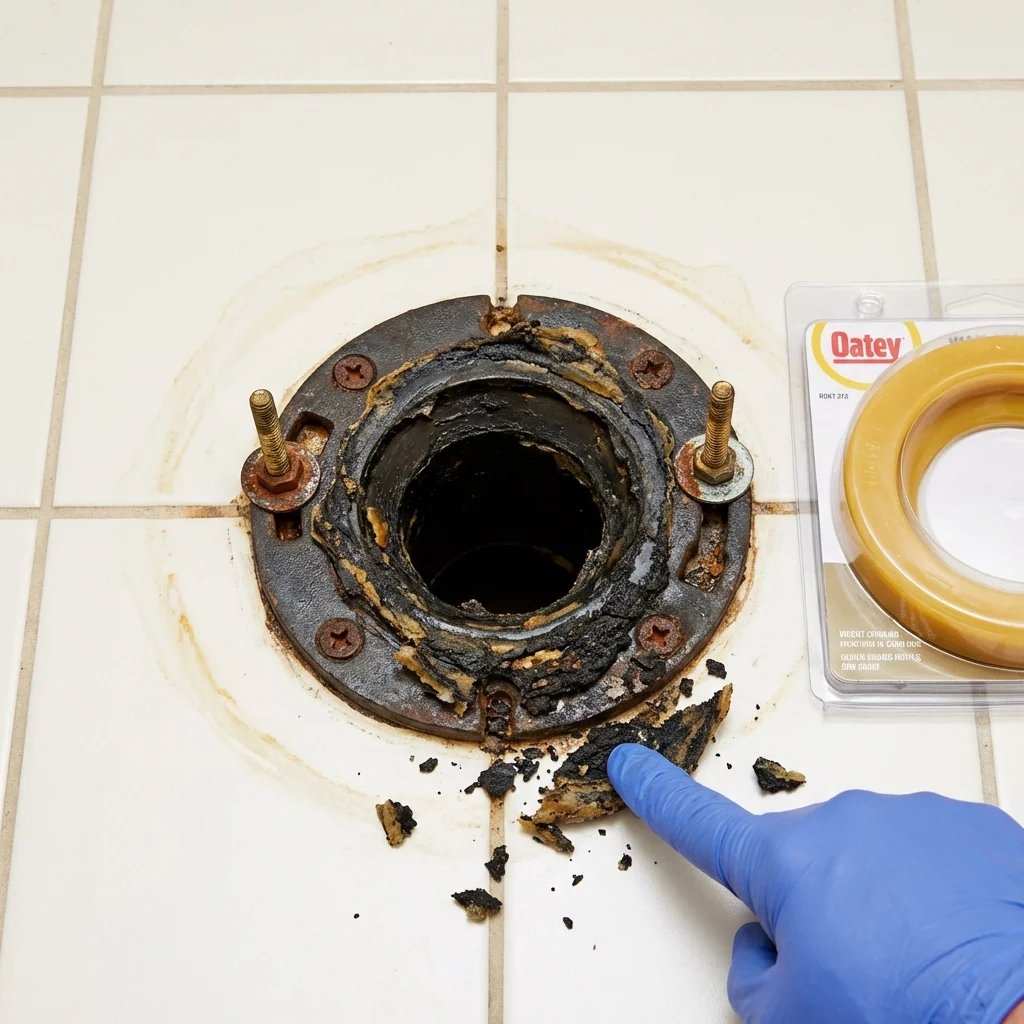 Failed wax ring showing water seepage at the base of a toilet in a Little Falls, NJ home