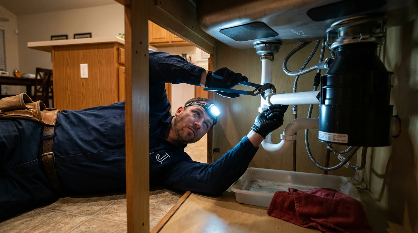P-trap and supply line connections under a kitchen sink showing a common leak point in Little Falls, NJ